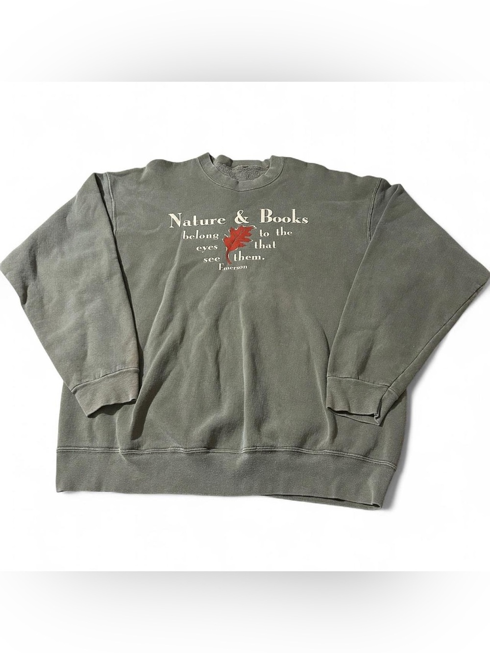 Vintage 90s Ralph Waldo Emerson Quote Nature Reading Sweatshirt Green Large